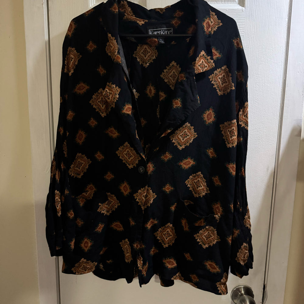Y2K Karen Kane Women’s Southwestern Boho Rayon Blazer Jacket L Black